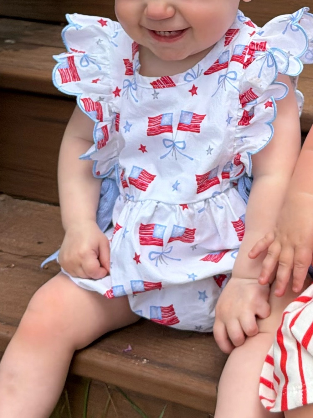 Girls White Red & Blue Flag Print Bubble Romper with Blue Ties
